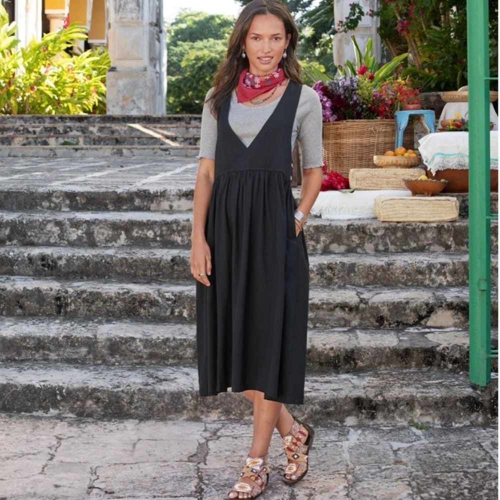 The Shanty Corporation Zhivago Pinafore Dress Womens L/XL Black Flax Cottagecore